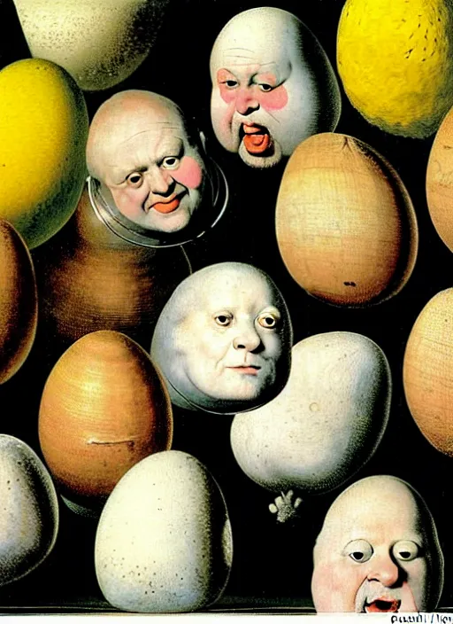 Image similar to carton of eggs with round humpty dumpty silly facial expressions, realistic, by hieronymus bosch and pieter brueghel