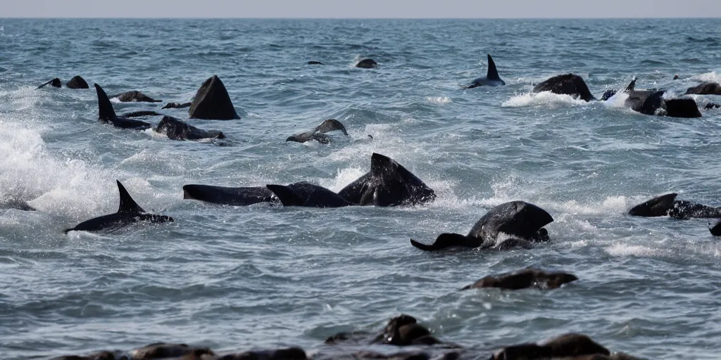 Prompt: hundred sharks seen from a rocky shore, waves