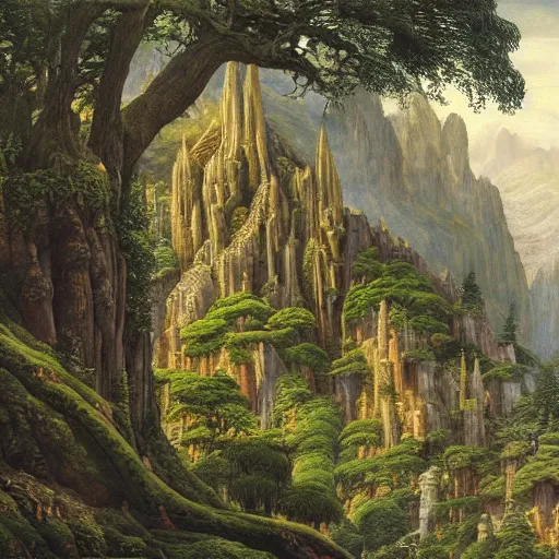 Prompt: A beautiful and highly detailed oil painting of an elven temple in the mountains, detailed trees and cliffs, intricate details, rivendell, 8k, sharp focus, hyper realism, by Caspar Friedrich,