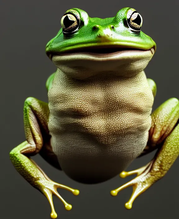 Prompt: cute anthropomorphic frog by charlie bowater and anna dittmann and artgerm and clemens ascher, portrait, intricate, elegant, product shot, macro, symmetrical face, highly detailed, dramatic lighting, sharp focus, octane render, trending on artstation, artstationhd, artstationhq, unreal engine, 4 k, 8 k