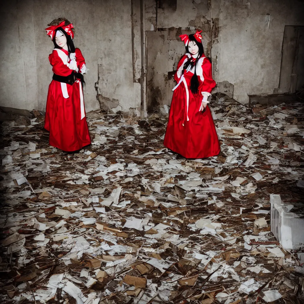 Prompt: rich and atmospheric! Polaroid! photo of a reimu hakurei cosplayer in an abandoned facility