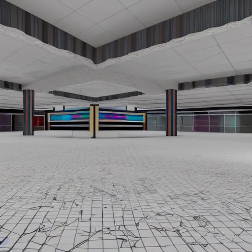 Prompt: interior of an abandoned 1980's mall, vaporwave, 3d render