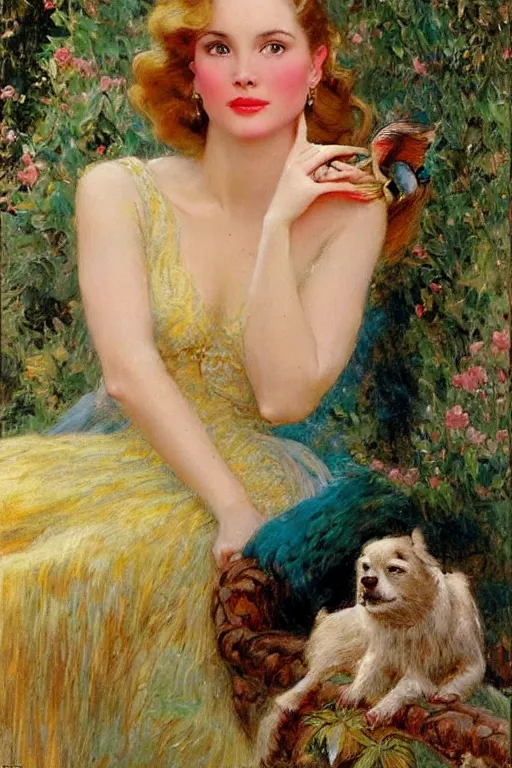 Prompt: Grace Kelly explaining the birds and the bees in the style of Gaston Bussière, art nouveau, art deco