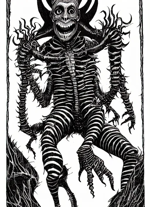 Prompt: beetlejuice, as a d & d monster, full body, pen - and - ink illustration, etching, by russ nicholson, david a trampier, larry elmore, 1 9 8 1, hq scan, intricate details, inside stylized border