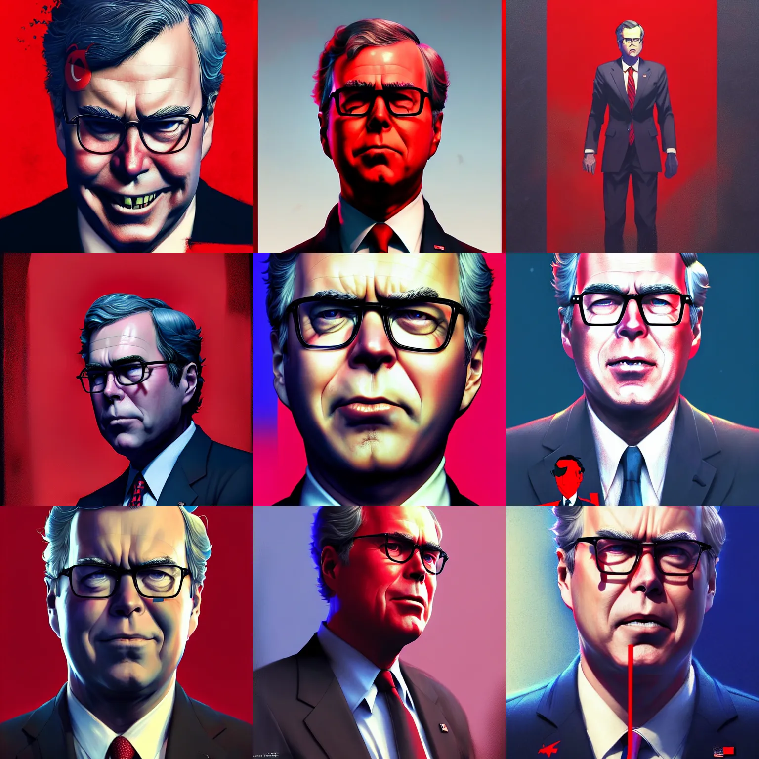 Prompt: jeb bush in the style of persona 5, by tom bagshaw and ilya kuvshinov, rtx rendering, octane render 1 2 8 k, maya, extreme high intricate details by wlop, digital anime art by ross tran, medium shot, composition by sana takeda, dramatic lighting by greg rutkowski