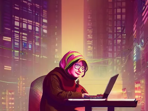 Image similar to a techno wizard grandma sitting in a cyberpunk alley with a laptop in the style of Greg Rutowski , artstation, detailed, cinematic