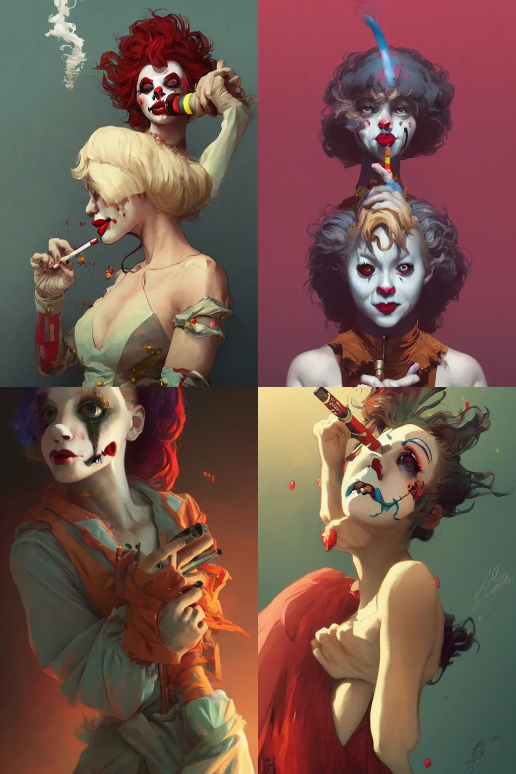 Image similar to creepy clown girl pondering nuclear destruction smoking a cigarette, highly detailed, digital painting, artstation, concept art, smooth, sharp focus, illustration, art by artgerm and greg rutkowski and alphonse mucha and loish and WLOP