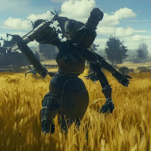 Prompt: a high resolution very detailed image of russian tank boss fight from nier : automata in yellow rye field under pure blue skies