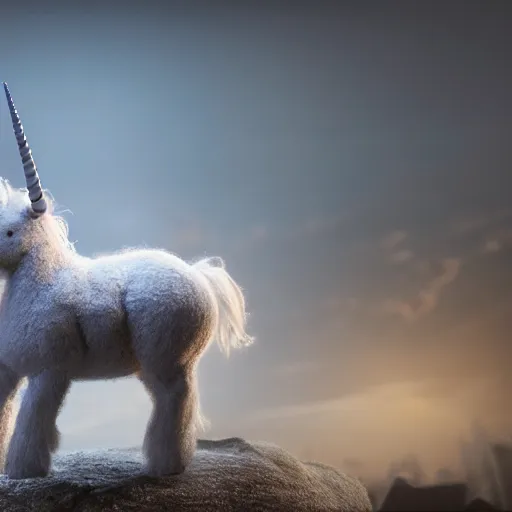 Prompt: full body pose, hyperrealistic photograph of a cute wooly unicorn, dim volumetric lighting, 8 k, octane beautifully detailed render, extremely hyper detailed, intricate, epic composition, cinematic lighting, masterpiece, trending on artstation, very very detailed, stunning, hdr, smooth, sharp focus, high resolution, award, winning photo, dslr, 5 0 mm