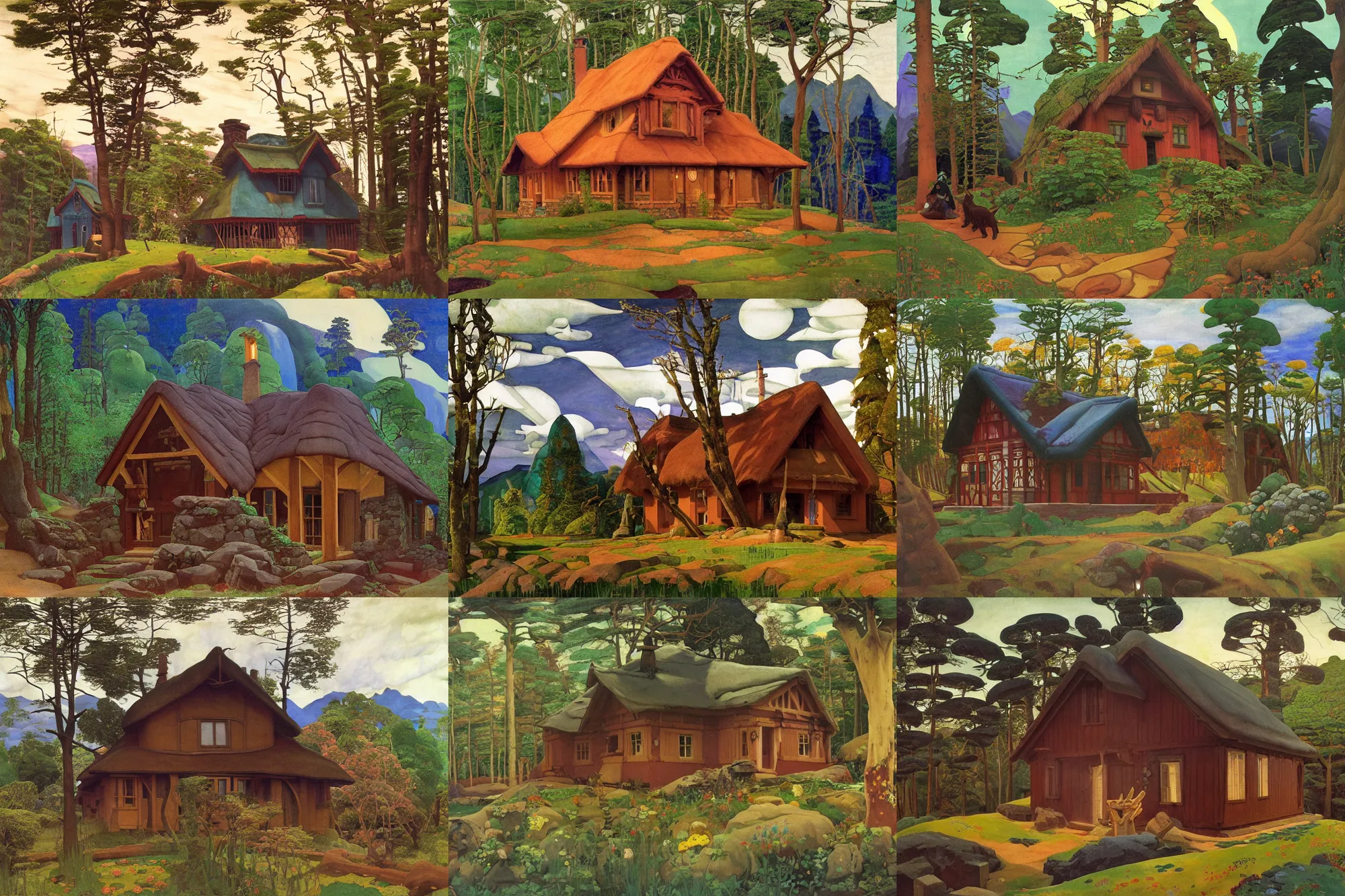 Prompt: the cottage of a wise woman in a forest clearing, dramatic cinematic lighting, folk-art carved painted wood house, rich colors, by Nicholas Roerich and William Dyce and ford madox brown and April Gornik and Caspar David Friedrich and Diego Rivera and Tyler Edlin