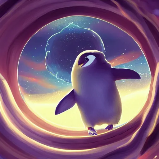 Image similar to magical penguin in a space station looking at the earth , realistic cinematic, volumetric lighting, centered, symmetrical, sharp focus, digital painting, mystical art, smooth, trending on Artstation, 4k