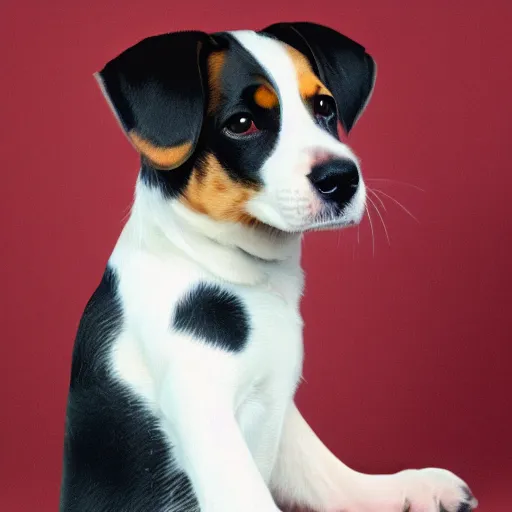 Image similar to dog with white fur with black spots and a brown beagle face