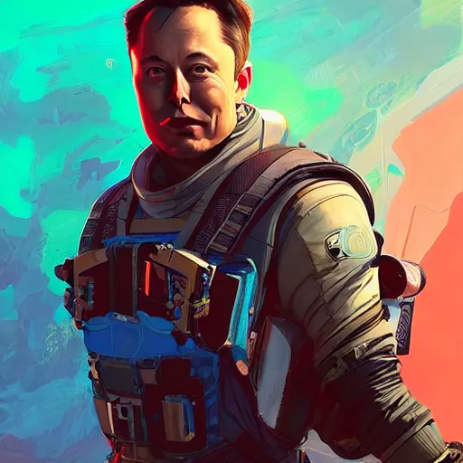 Image similar to elon musk wearing jetpack as apex legends character, digital illustration portrait design, by android jones and greg rutkowski, retrowave color scheme, detailed, cinematic lighting, wide angle action dynamic portrait