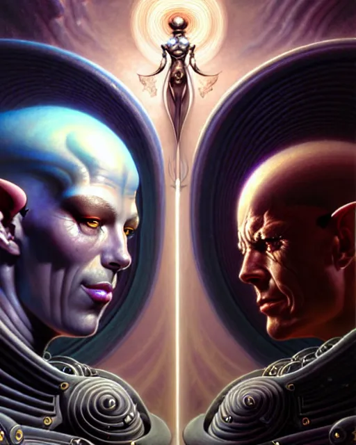 Image similar to a portrait of gemini good and evil fantasy character portrait facing each other, ultra realistic, wide angle, intricate details, the fifth element artifacts, highly detailed by peter mohrbacher, hajime sorayama, wayne barlowe, boris vallejo, aaron horkey, gaston bussiere, craig mullins