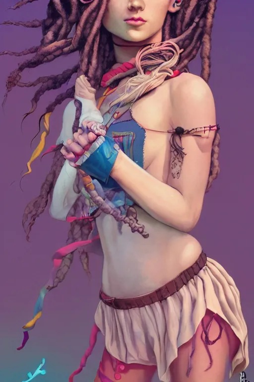 Image similar to vaporwave, hippie girl with dreads, straight on, by artgerm, jamie hewlett, tom bagshaw, gerald brom, 4 k, smooth, hd, substance designer render, full body character concept art,