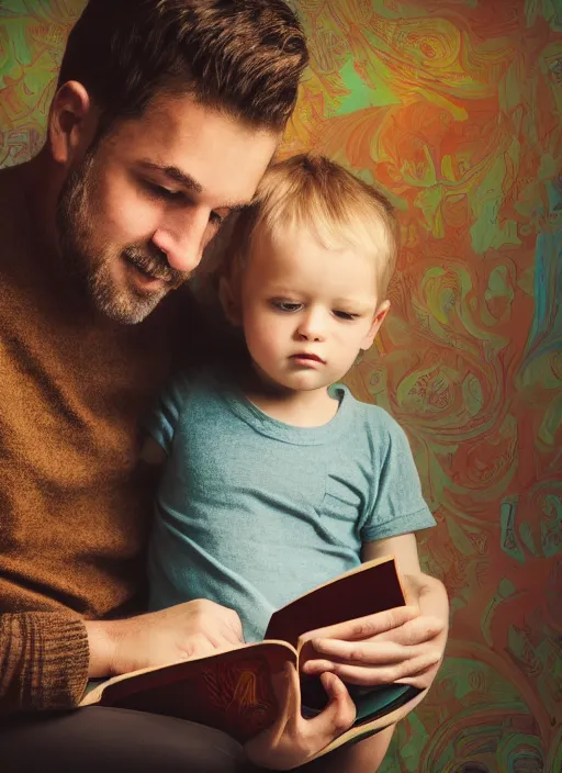 Prompt: half-lenght portrait of a father with a beautiful child, reading a book overgrown by maximalist mixed media vibrant textures. matte matte background in vibrant pastel tones. highly detailed. sharp focus. HD 8x