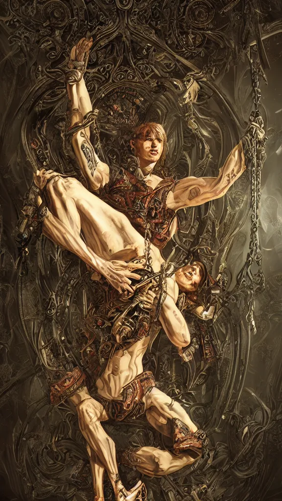 Prompt: the hanged man, maximalist, high detail, 8 k, ornate, dark fantasy, realistic, masterpiece, trending on art station, complex, wlop