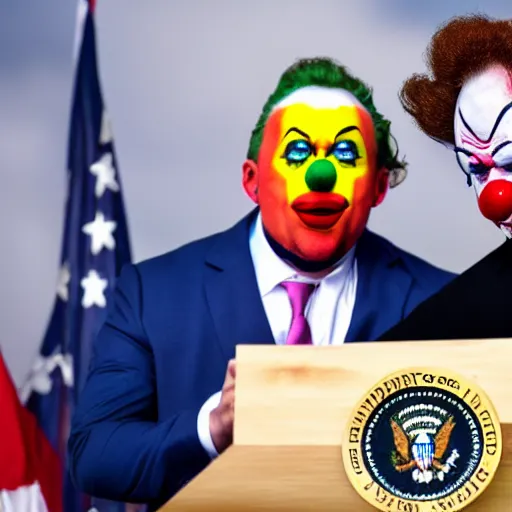 Image similar to a president with clown makeup taking a selfie in a podium next to an angry first minister