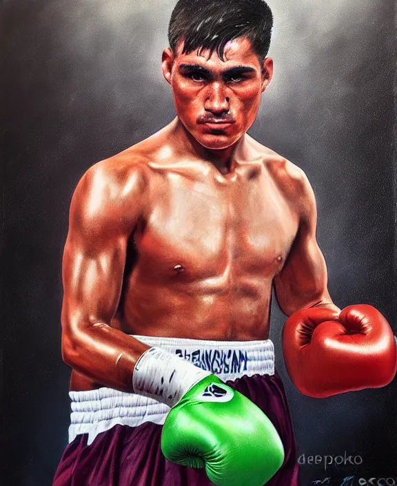 Prompt: heroic portrait of a handsome young mexican boxer. art by denys tsiperko and bogdan rezunenko, hyperrealism