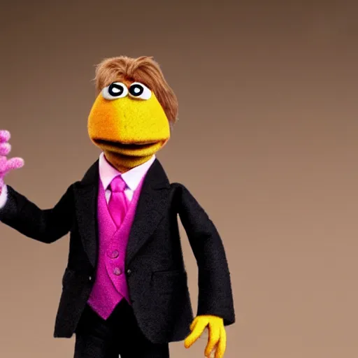 Prompt: saul goodman as a muppet. dark suit with pink dress shirt. highly detailed felt. hyper real photo. 4 k.