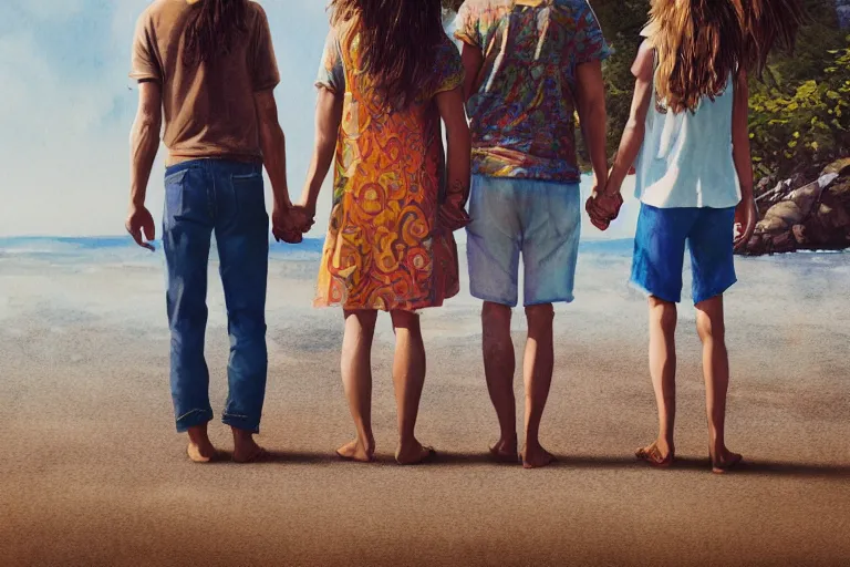 Prompt: hippie style family of four : woman, men, girl is taller, boy is shorter looking at the ocean holding hands, far - view, art, cinematic composition, octane render, high detail, 8 k, artstation trending, watercolor, artwork by tooth wu, colorful contrast, very coherent, thick lineart
