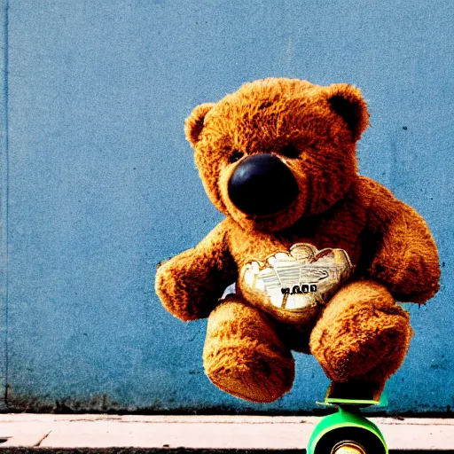 Prompt: Award winning 35mm color photography, of a teddy bear on a skateboard, doing a kick flip off the sidewalk, in downtown Tampa Fl, detailed, balanced composition