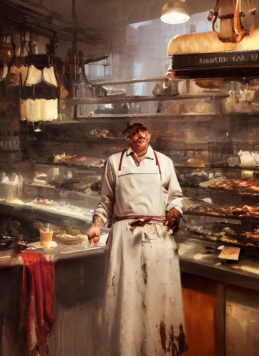 Prompt: portrait of a old butcher, bloodstained apron, at a butcher shop, dramatic lighting, dimly lit, medium view, asymmetrical, intricate, elegant, matte painting, by greg rutkowski and greg tocchini and james gilleard and sargent and leyendecker and greg manchess