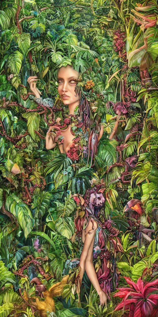 Image similar to deep in the jungle with exotic plant life, tropical plants, natural botanical gardens, vines, acrylic painting by hannah yata, artstation, concept art, award winning,