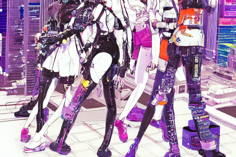 Image similar to a cyberpunk illustration of a group of four super-coherent female androids dressed in seifuku in style of masamune shirow, lying scattered across an empty, white floor with their bodies rotated in different poses and cables and wires coming out, by yukito kishiro and katsuhiro otomo, hyper-detailed, intricate, view from above, colorful