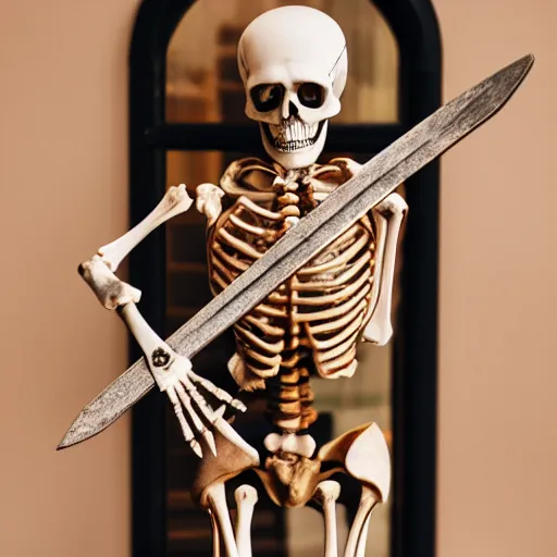 Prompt: photorealistic skeleton with a sword, Canon EOS R3, f/1.4, ISO 200, 1/160s, 8K, RAW, unedited, symmetrical balance, in-frame