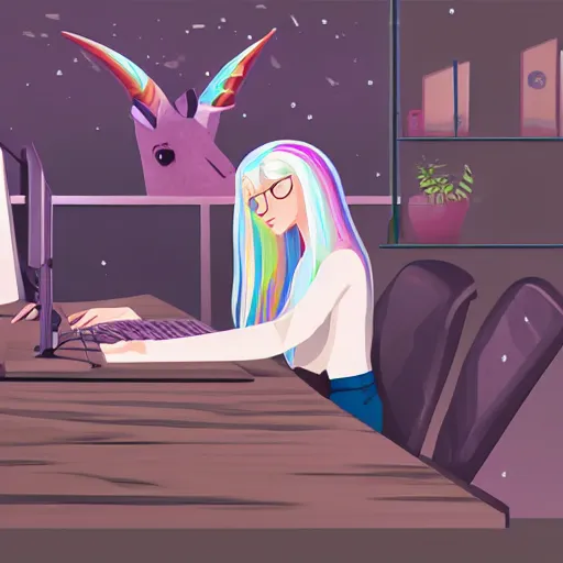 Prompt: unicorn working in an office typing on computer, fantasy, detailed, high quality, artstation contest winner