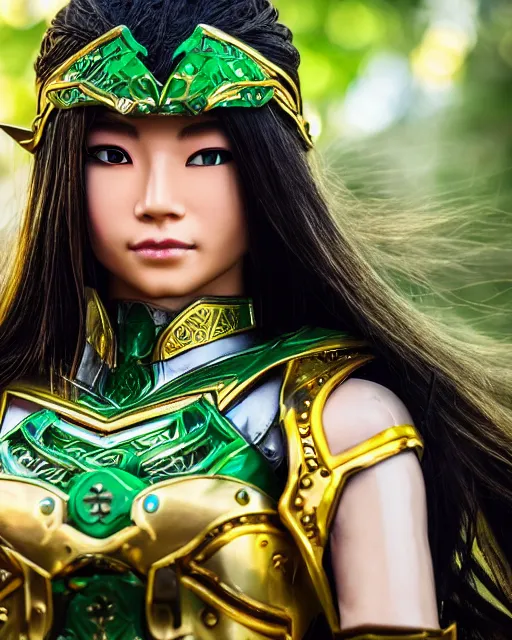 Image similar to a beautiful close up photo of a female Asian elf ranger with long hair and green eyes, no helmet, wearing green and gold futuristic mecha armor, with ornate rune carvings and glowing lining, very detailed, shot in canon 50mm f/1.2