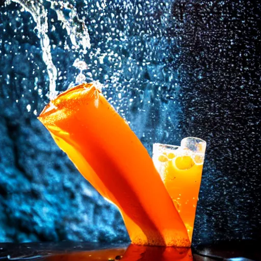 Prompt: a rat being drenched in an orange soda waterfall, cinematic lighting