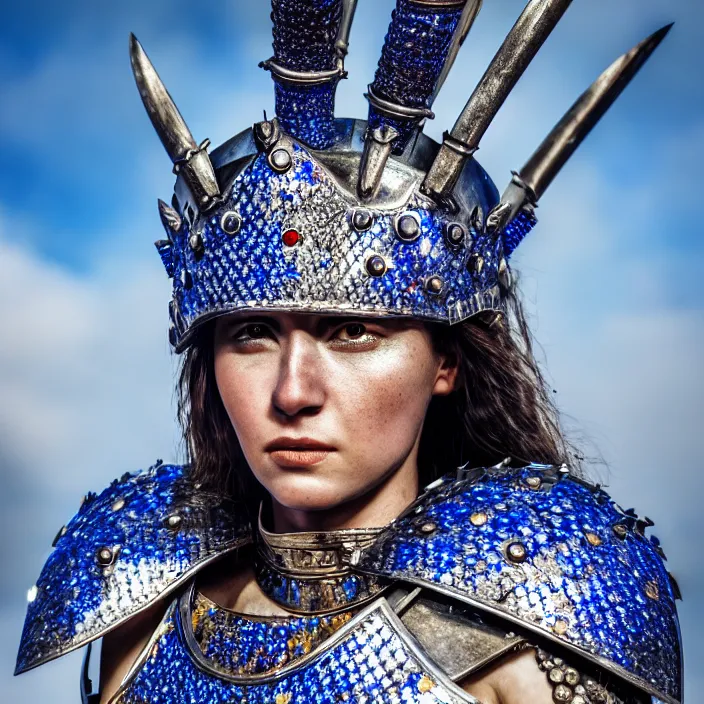 Image similar to photo of a warrior queen wearing sapphire encrusted armour, highly detailed, 4 k, hdr, smooth, sharp focus, high resolution, award - winning photo