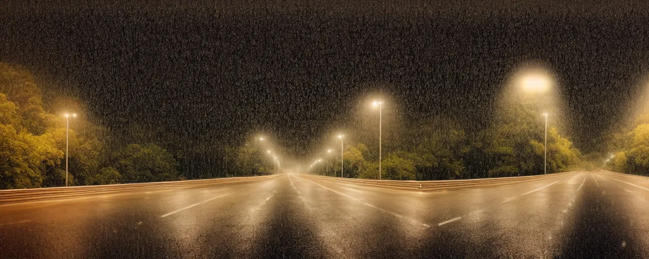 Image similar to at night, it is raining in the sky, a large road extends into the distance, the leaves on both sides of the road are yellowed by the street lights, tranquility, film texture, super fine, 8 k