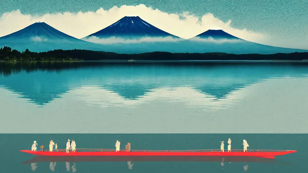 Image similar to a scene of two travellers and their campter touring at yamanaka lake, reflecting mount fuji, japan, a collage painting, in the style of wes anderson, lola dupre, david hockney, isolated on negative white space background dark monochrome neon spraypaint accents volumetric octane render