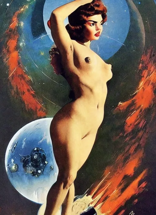 Prompt: the woman from venus starring anna de armas, vintage scifi poster art by john alvin, river mcginnis, norman rockwell, frank frazetta and drew struzan, trending on pinterest, beautiful, lovely