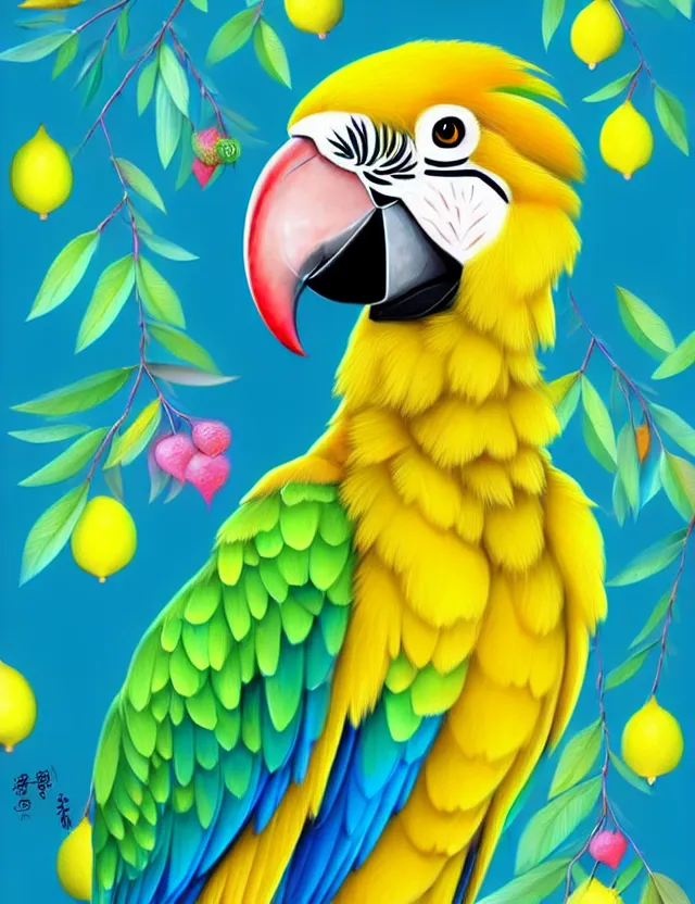 Image similar to a cute anthropomorphic macaw parrot girl anthro wearing a lemon lime ribbon, park background, very anime!!! kawaii!! furry!! intricate details, aesthetically complementary colors, scenic background, art by rising artists with a radically new style. trending on artstation, top rated on pixiv and furaffinity