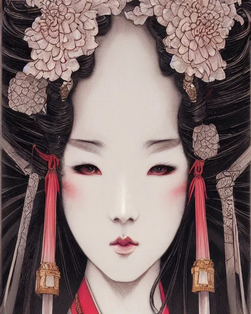 Image similar to portrait of a geisha, baroque style, elegant, beautiful, mesmerizing, concept art, highly detailed, artstation, behance, deviantart, inspired by innocent manga, inspired by castlevania concept art, trending, ayami kojima, shinichi sakamoto