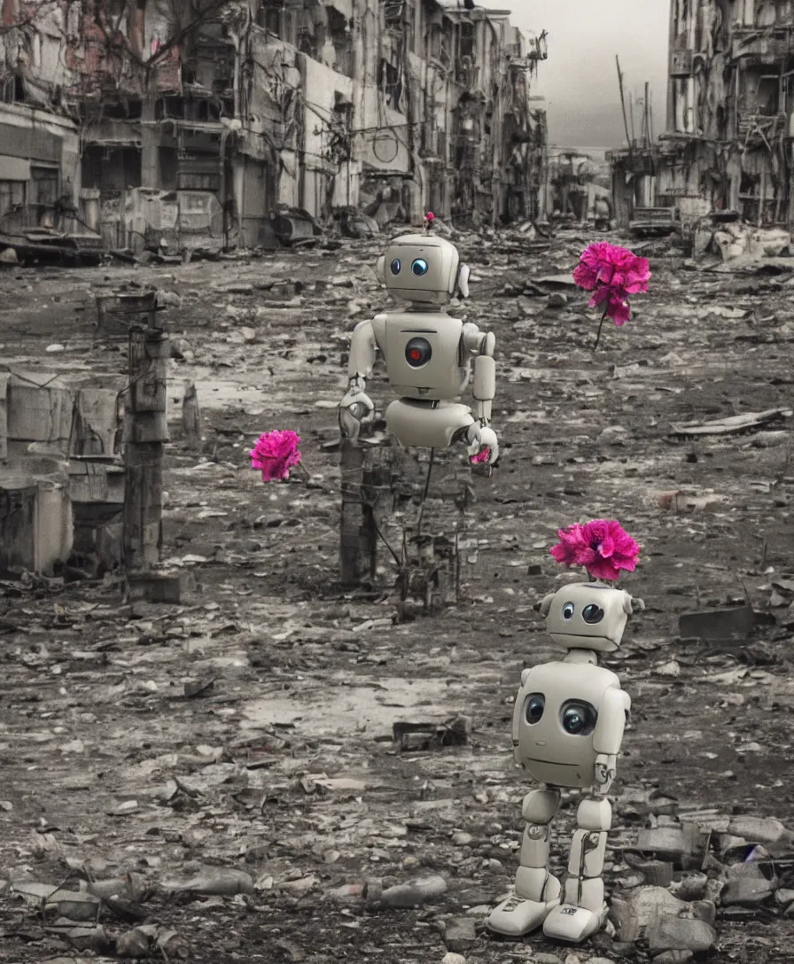 Prompt: a lonely robot holding a flower while sitting in a post-apocalyptic world surrounded by rundown buildings