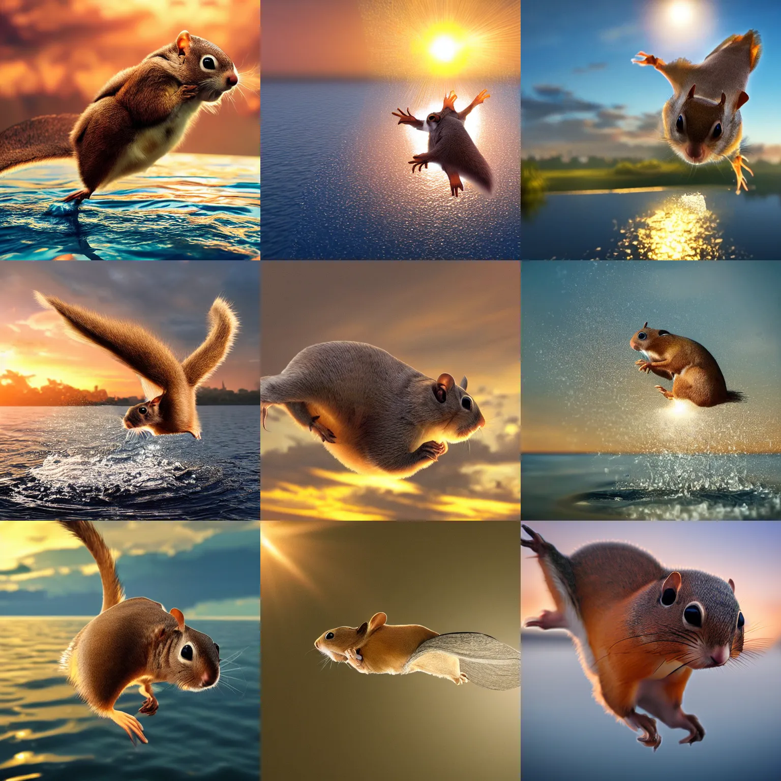 Prompt: a high quality photo of a flying squirrel, gliding over water, golden hour, render, ultra photorealistic, epic lighting, cgsociety