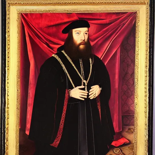 Prompt: Official royal portrait of a king, middle ages, full body, front facing, ominous, black beard, wearing royal crown, dark red embellished tunic, dark background, detailed, hans holbein, highly dramatic, 15th century oil painting