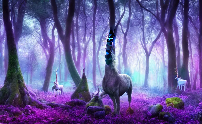 Image similar to magic forest, a lot of unicorns and pixies, real photo, 8 k resolution, photorealistic,