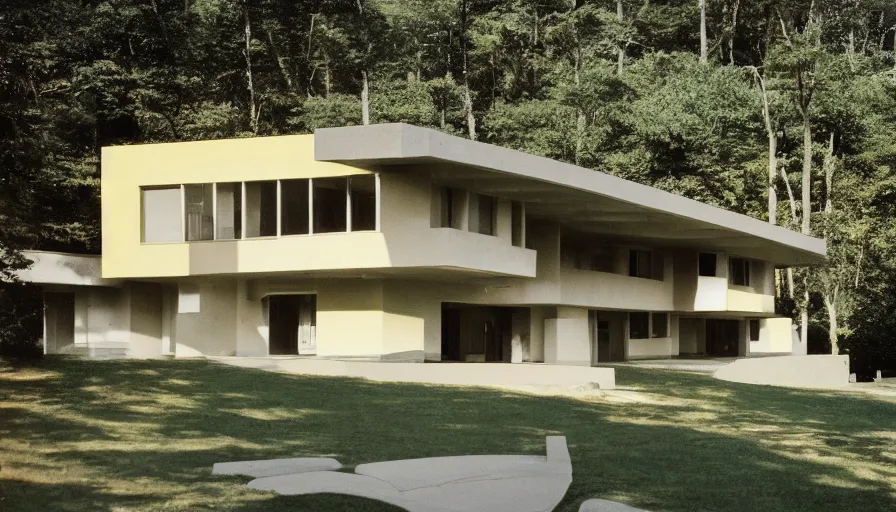Prompt: architecture ad for a mid-century modern house designed by Moshe safdie. Film grain, cinematic, colorized, yellow hue.