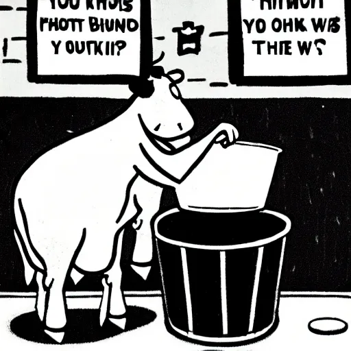 Image similar to a cow points at a bucket in the style of gary larson