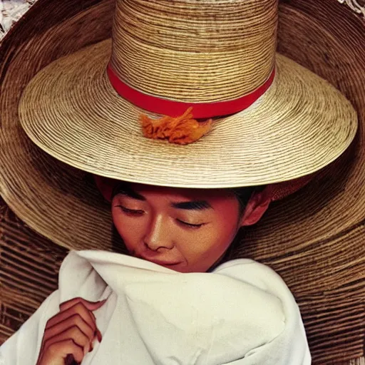 Prompt: A closeup film photography of a cat wearing vietnamese straw hat, photo bySlim Aarons, award winning, 4K