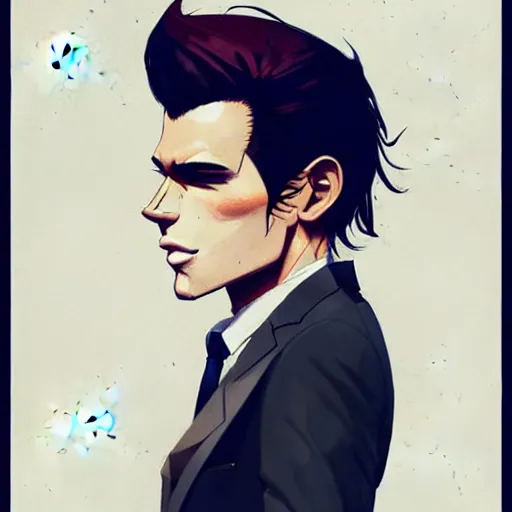 Image similar to a ultradetailed portrait painting of a stylish man wearing suit outfit, by conrad roset, greg rutkowski and makoto shinkai trending on artstation