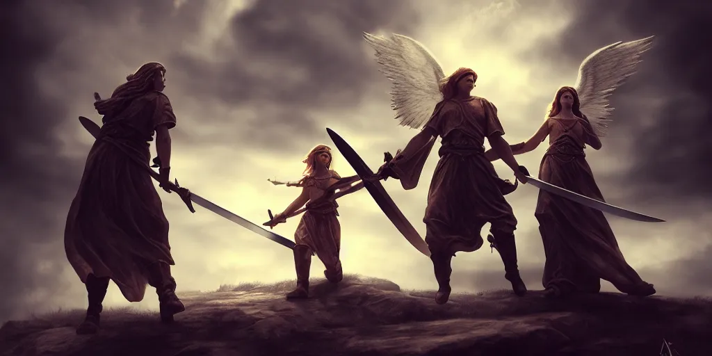 Prompt: two angels hold a sword kills kings in a cloudy sky. fantasy art, photo realistic, dynamic lighting, artstation, poster, volumetric lighting, very detailed faces, 4 k, award winning