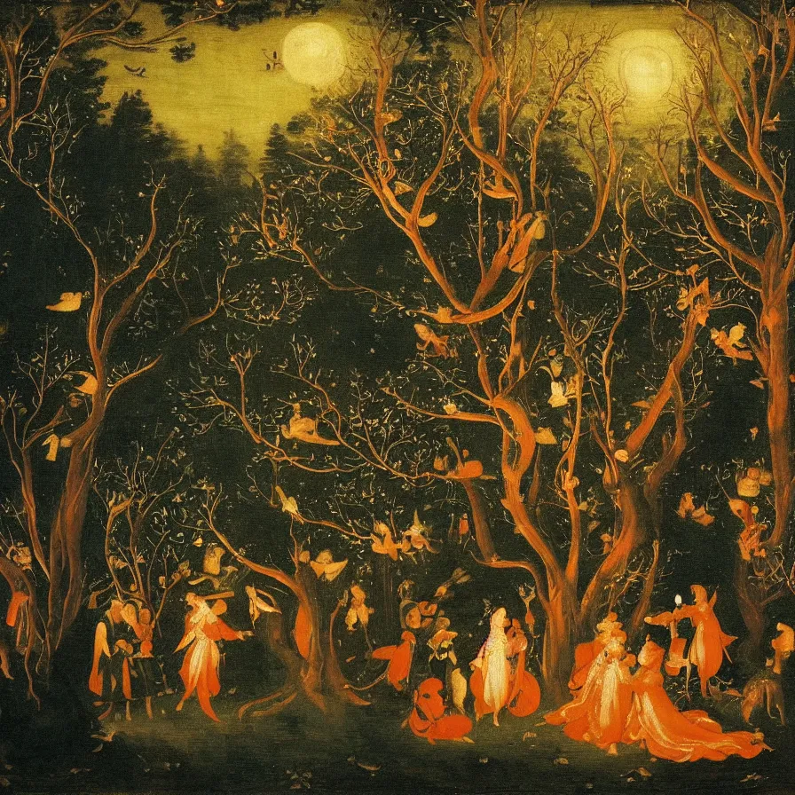 Image similar to renaissance painting of a night carnival around a magical tree cavity, with a surreal orange moonlight and fireworks in the background, next to a lake with iridiscent water, christmas lights, folklore animals and people disguised as fantastic creatures in a magical forest by summer night, masterpiece painted by koson ohara, scene by night, dark night environment, refraction lights, glares