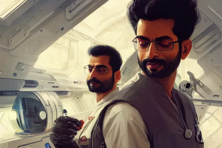 Image similar to Sensual good looking pale young Indian doctors wearing Deus Ex clothing in a space station above Earth, portrait, elegant, intricate, digital painting, artstation, concept art, smooth, sharp focus, illustration, art by artgerm and greg rutkowski and alphonse mucha